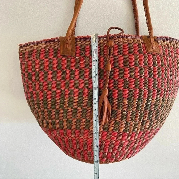 Jute Woven Colorful Rounded Bag Leather Straps Natural Grass Summer Beach - Picture 5 of 10